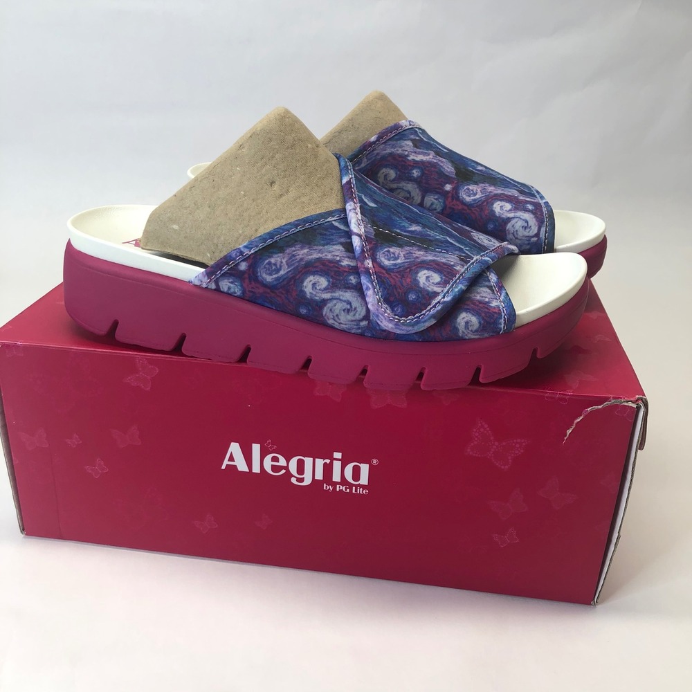 Alegria Women's Blue and Pink Swirl Slide Sandals
